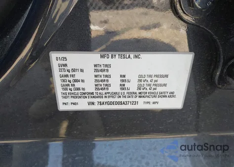 2025 Tesla Model Y Long Range Dual Motor All-Wheel Drive from USA, damaged, VIN 7SAYGDED0SA371231